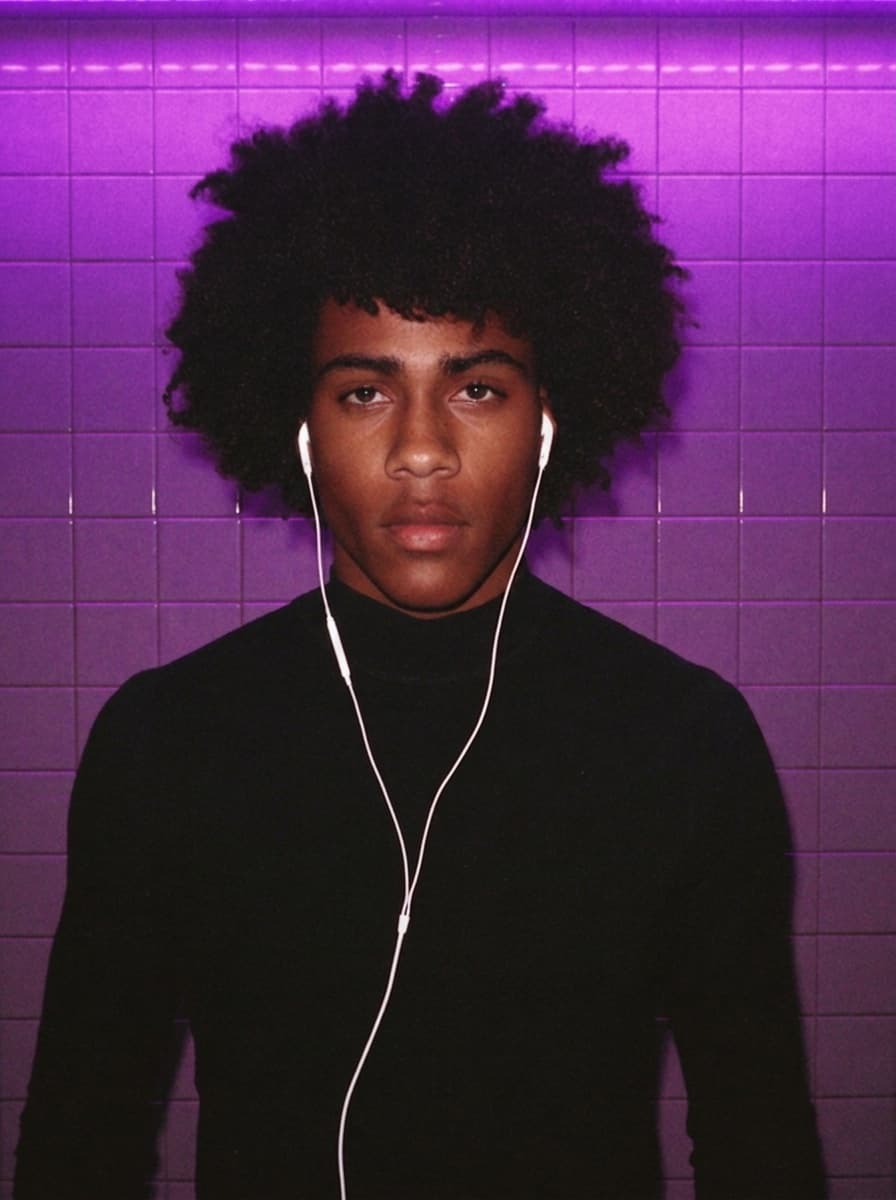 A young man with both wired earphones in, calm and self-contained against a violet-lit tiled wall — far from any signal.