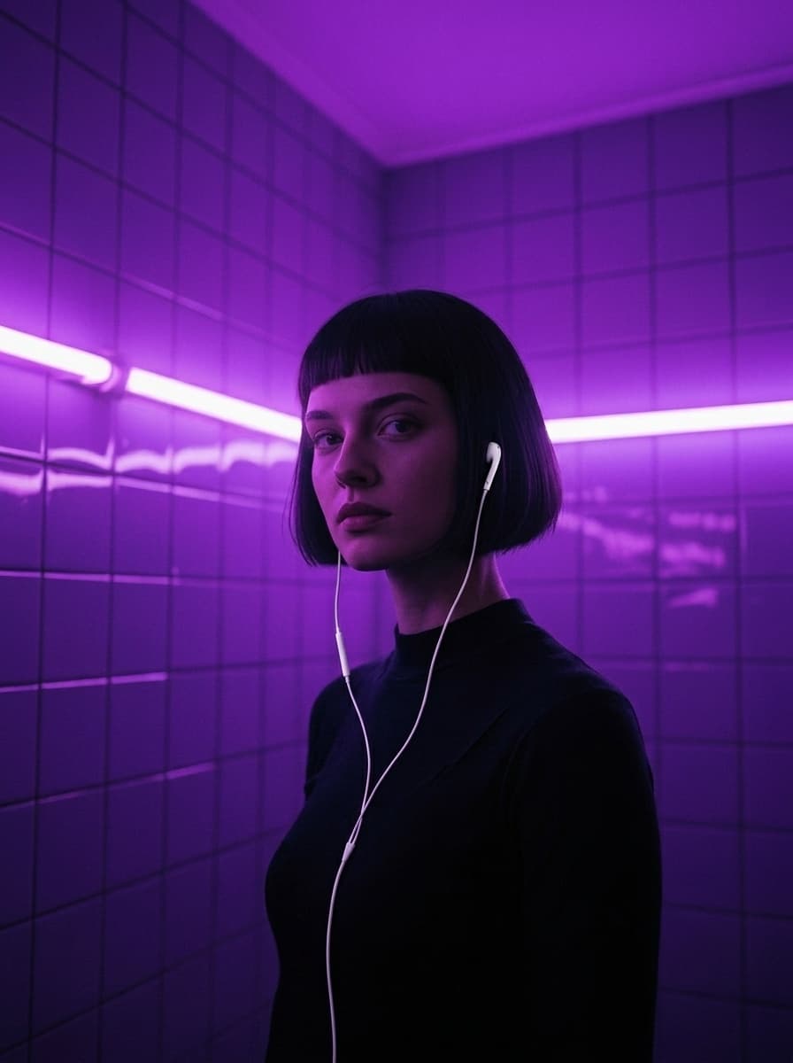 A woman with a sharp bob and wired earphones standing in a violet neon-lit room, present and unhurried.